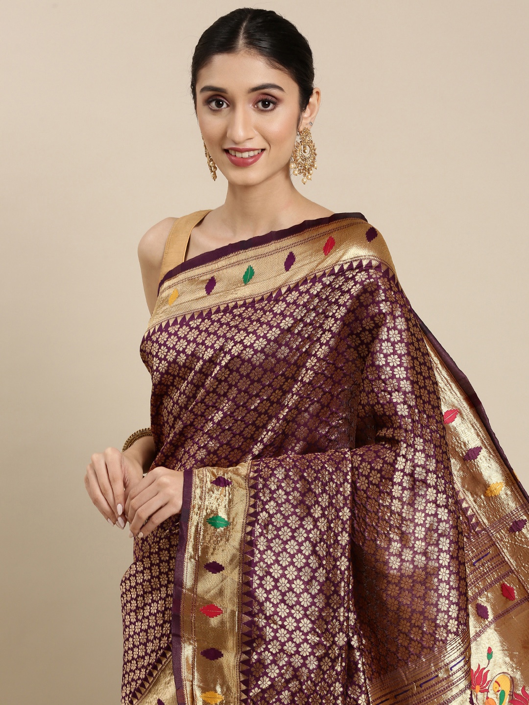 

PERFECTBLUE Maroon & Golden Ethnic Motifs Woven Design Saree