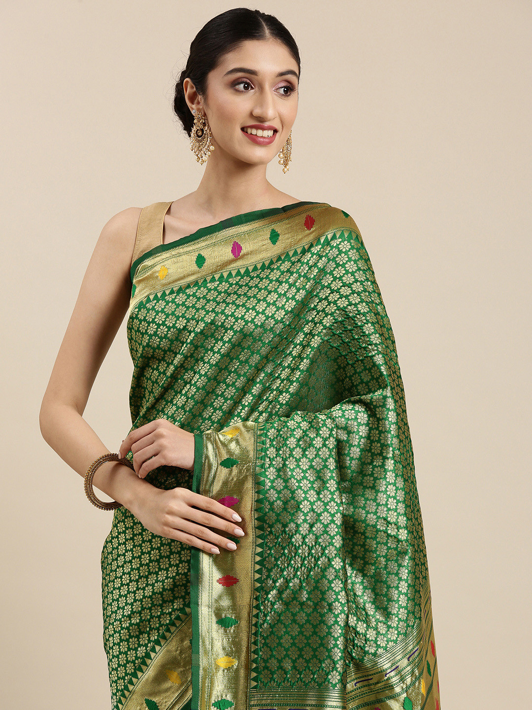 

PERFECTBLUE Green & Golden Ethnic Motifs Woven Design Saree