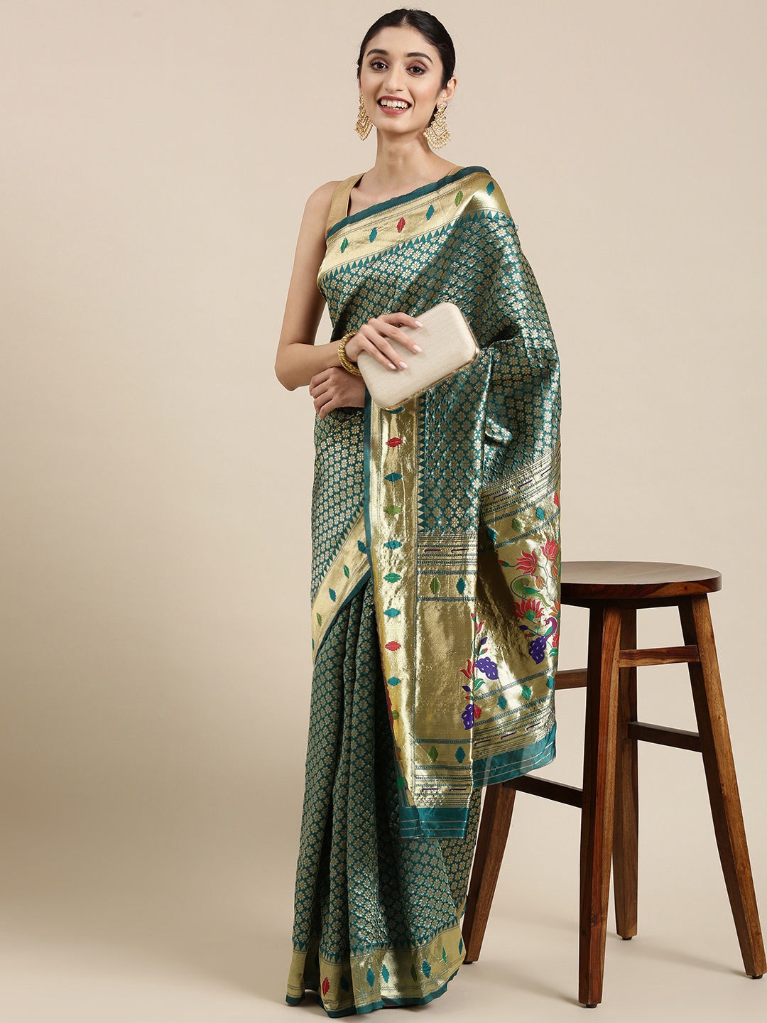 

PERFECTBLUE Teal Green & Golden Woven Design Saree