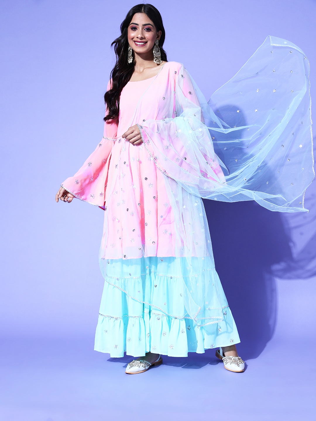 

PANIT Women Woven Design Poly Georgette Bling it On Kurta Set, Pink