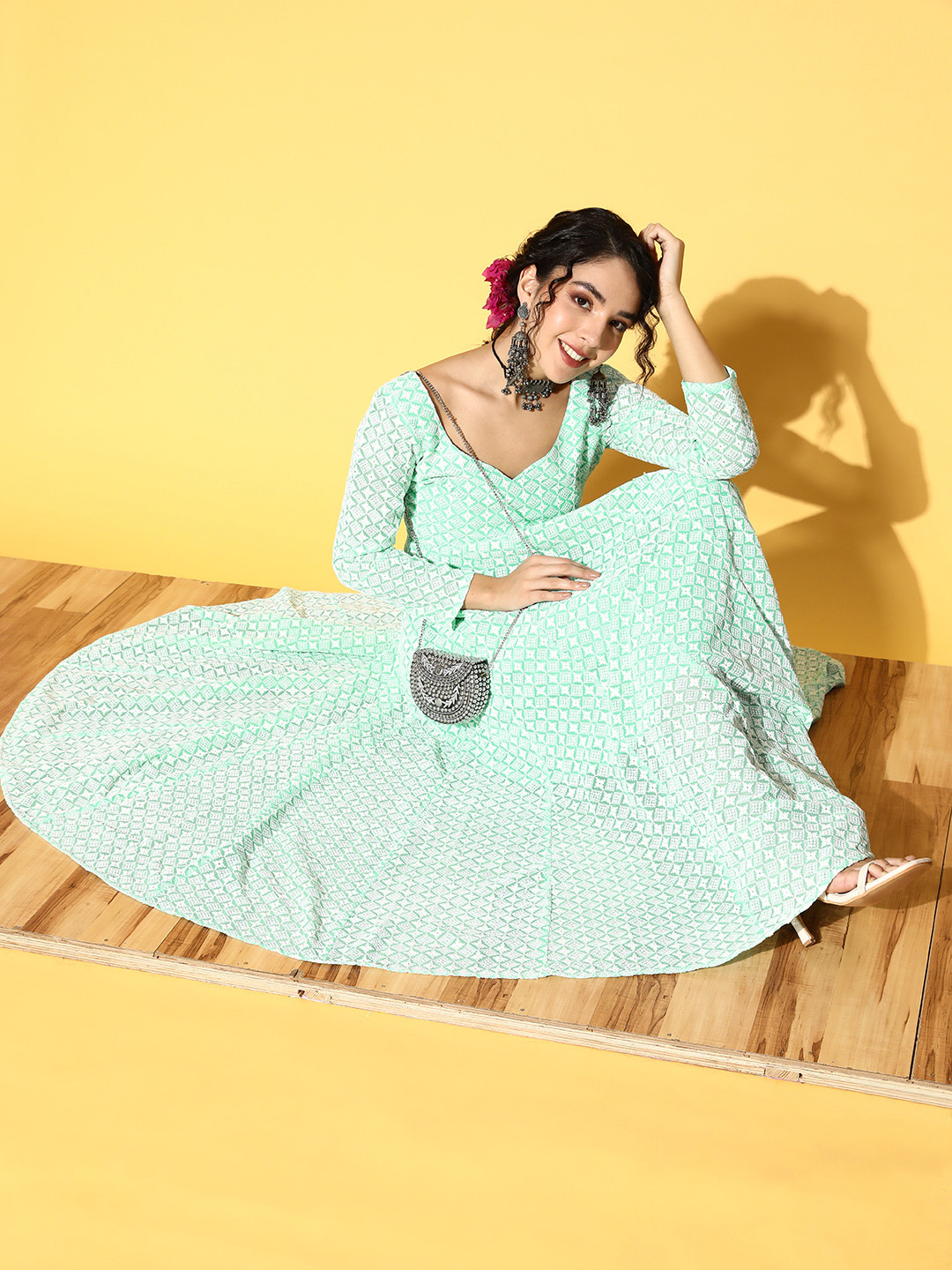 

PANIT Women Gorgeous Green Self-Design Gown for Days