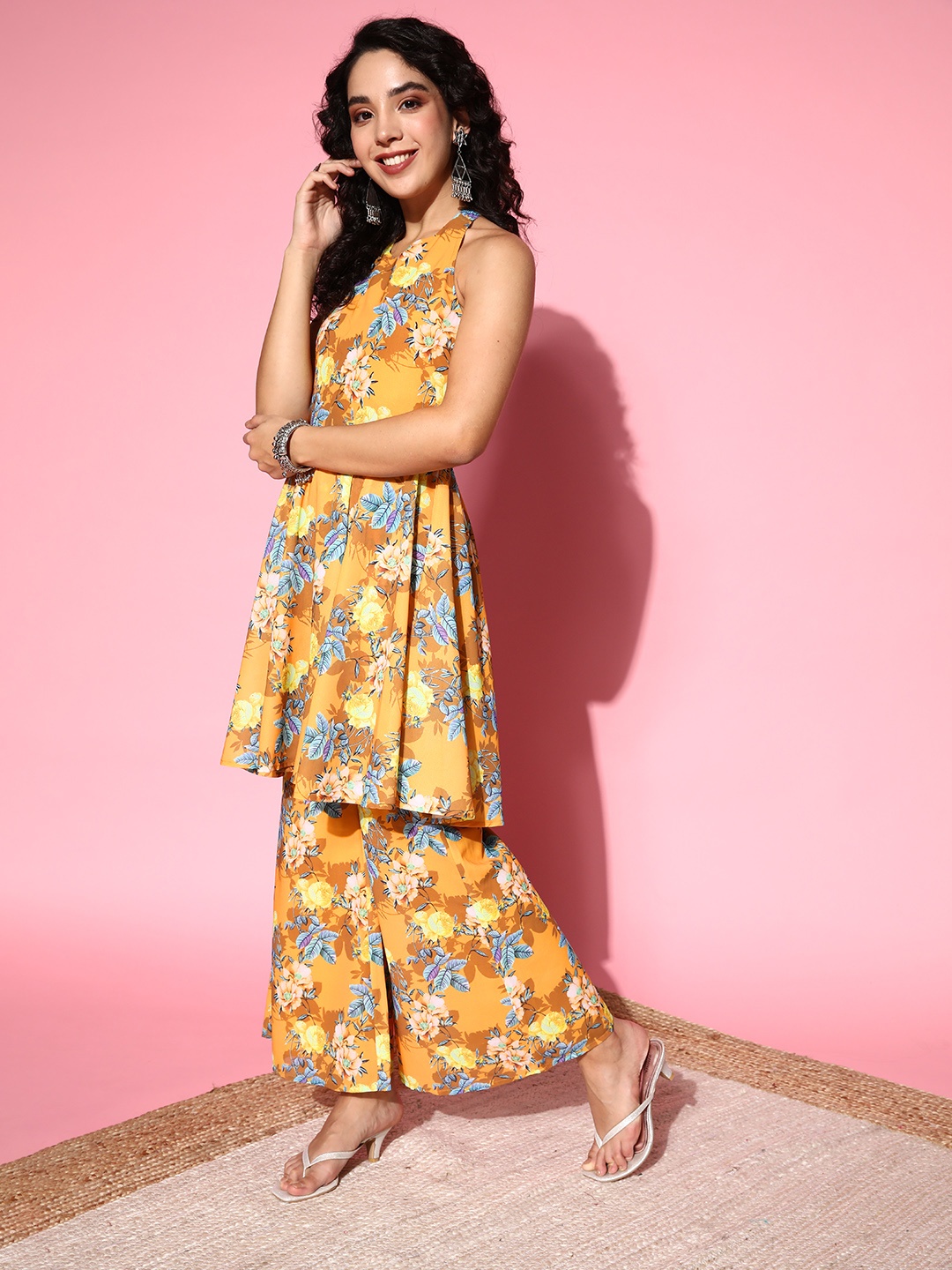 

PANIT Women Mustard Poly-Georgette Print Parade Kurta Set