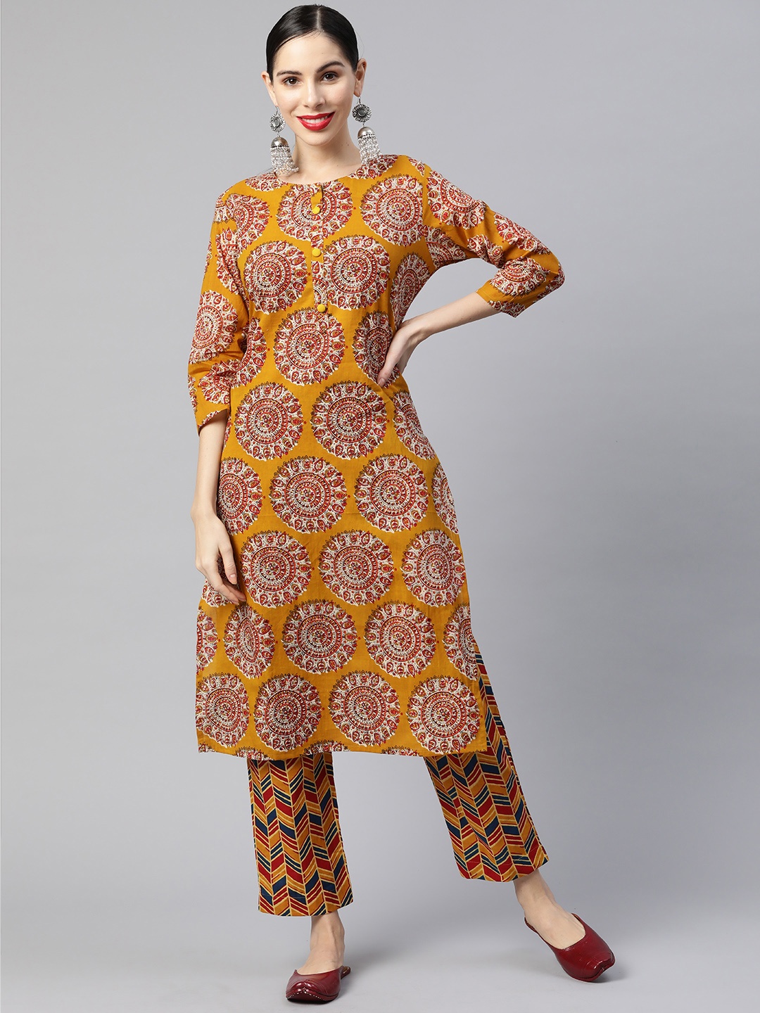 

Ramas Women Mustard Yellow & Red Ethnic Motifs Printed Pure Cotton Kurta with Trousers