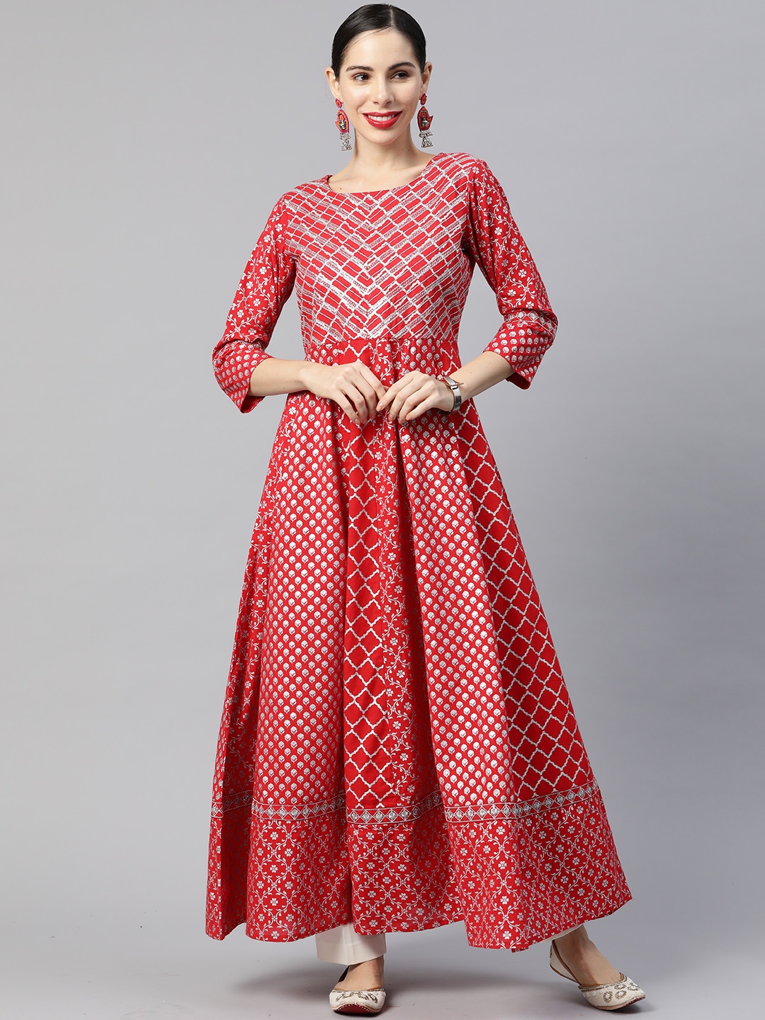 

Ramas Women Red & White Ethnic Motifs Thread Work Cotton Anarkali Kurta