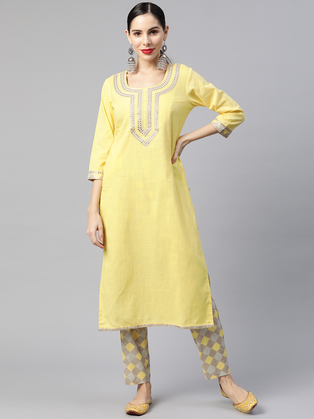 

Ramas Women Yellow Ethnic Motifs Yoke Design Mirror Work Kurta with Trousers