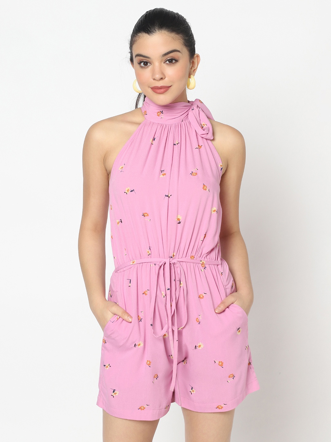 

SiaVira Pink & Orange Strapless Printed Jumpsuit