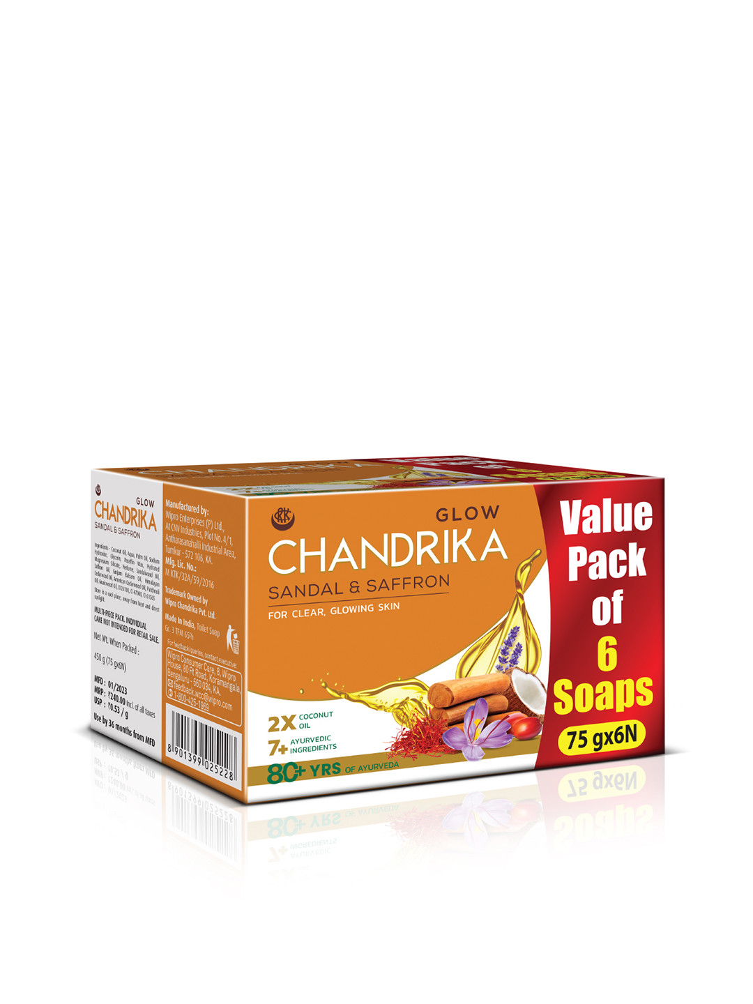 

CHANDRIKA Set of 6 Sandal & Saffron Glow Soap - 75g each, Orange
