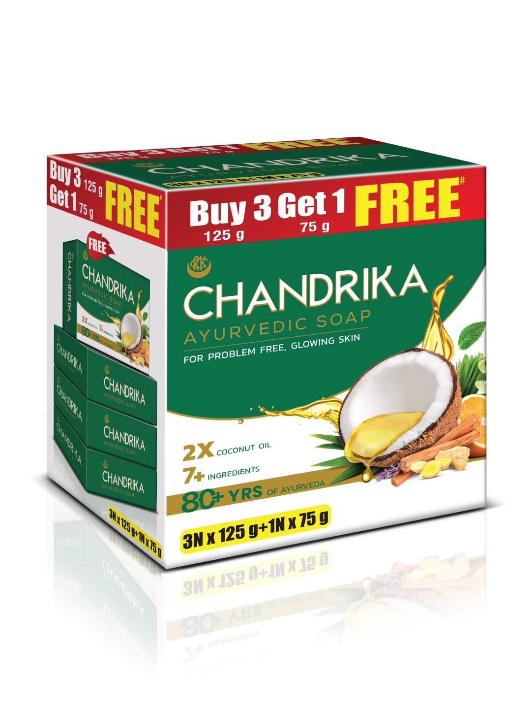 

CHANDRIKA Set of 4 Ayurvedic Handmade Soap 375 g + 75 g, Green