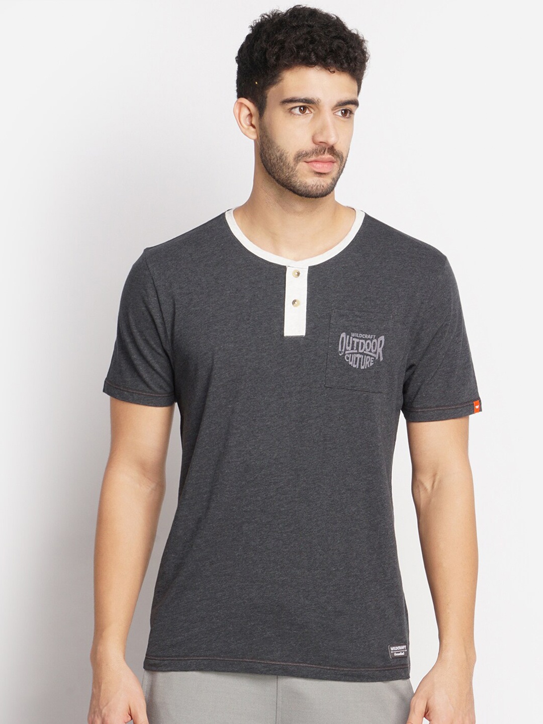 

Wildcraft Men Grey Henley Neck Slim Fit Cotton T-shirt