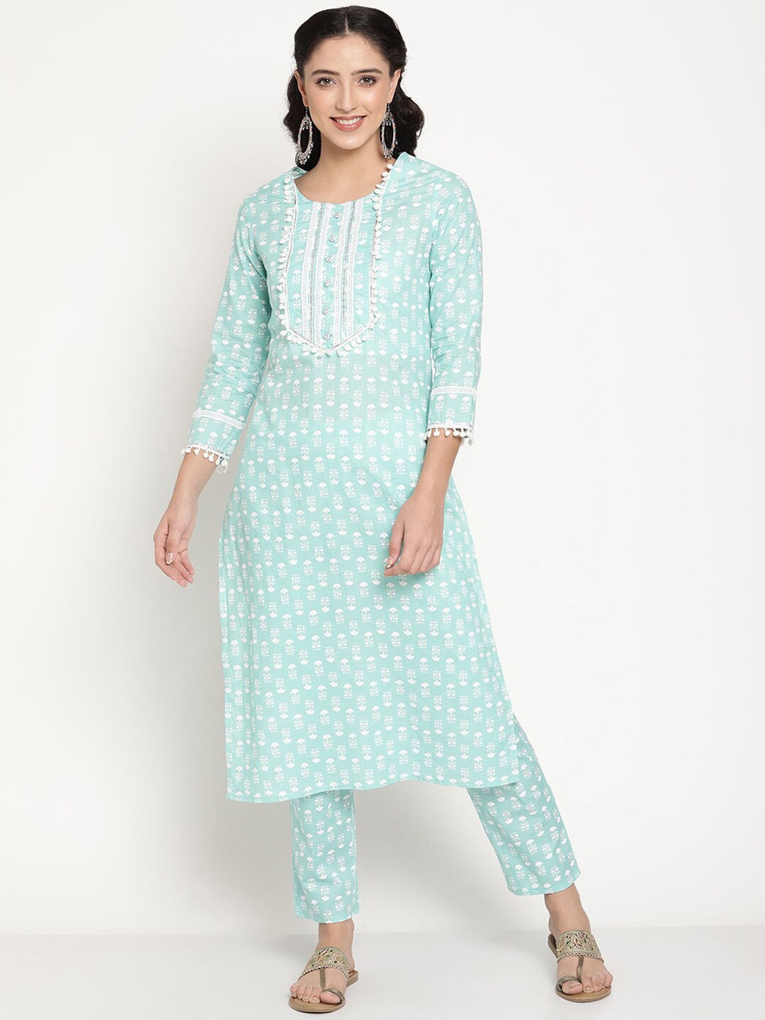

Be Indi Women Ethnic Motifs Printed Straight Kurta with Trousers, Blue