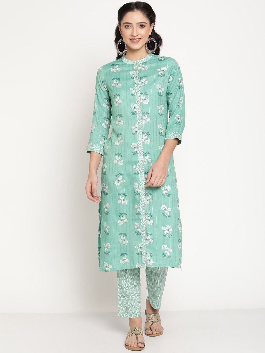 

Be Indi Women Lurex Design Floral Printed Fancy Lace Detailing Kurta With Trousers, Sea green