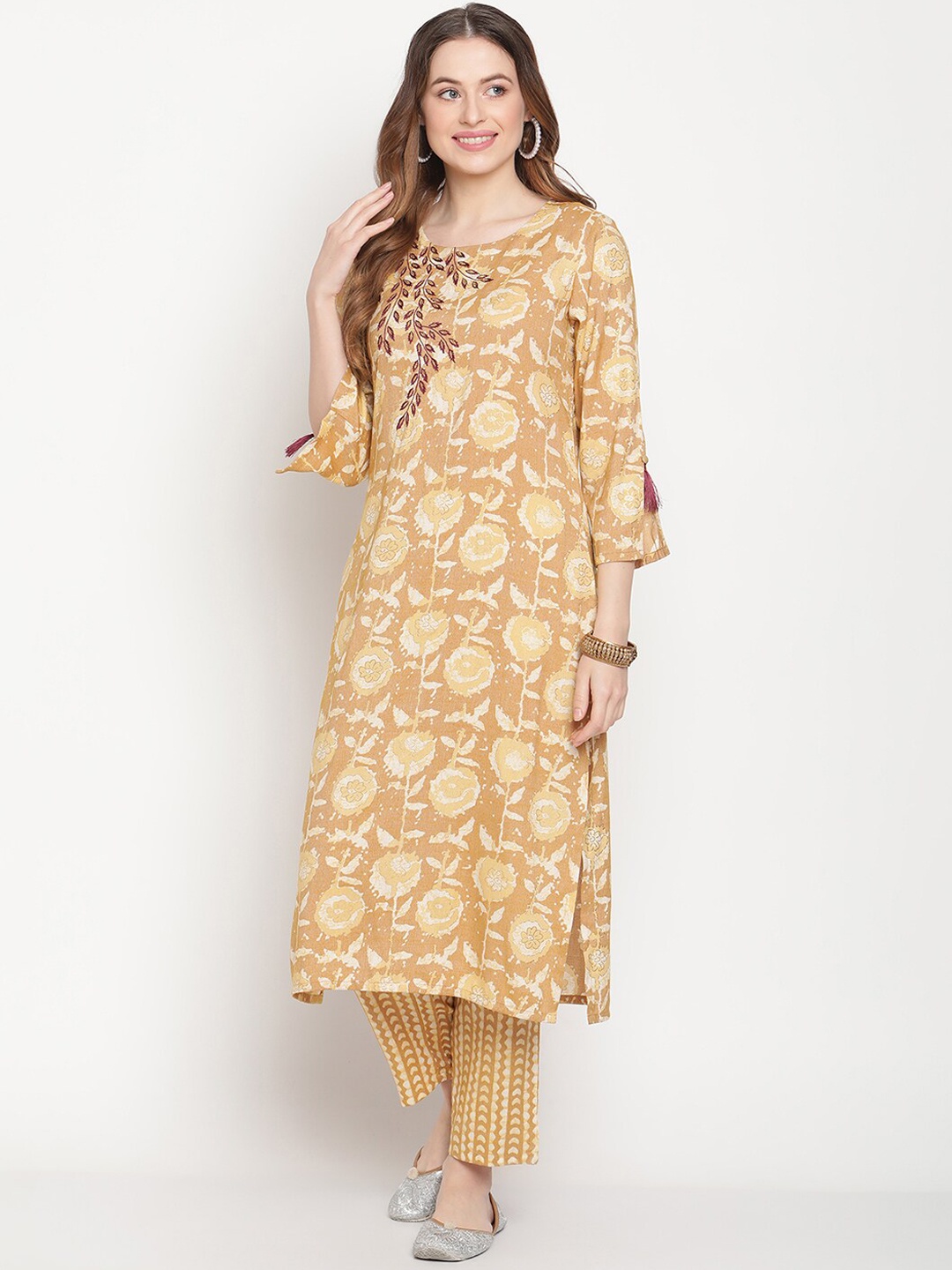 

Be Indi Women Ethnic Motifs Printed Straight Kurta with Trousers Set, Mustard