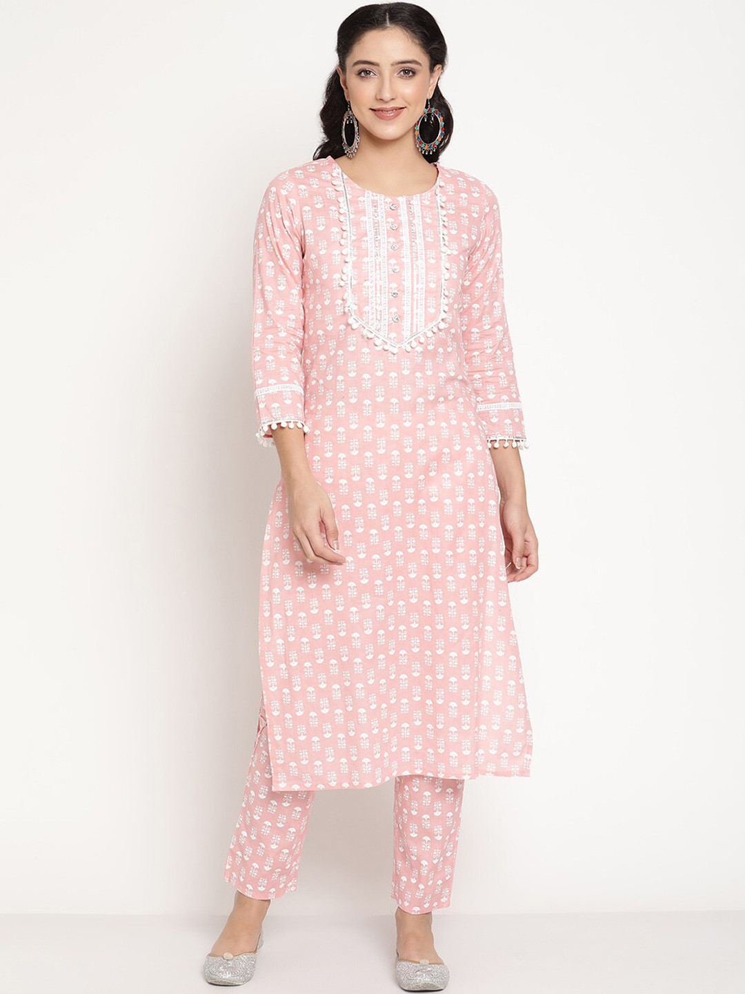 

Be Indi Women Ethnic Motifs Printed Straight Kurta with Trousers, Pink