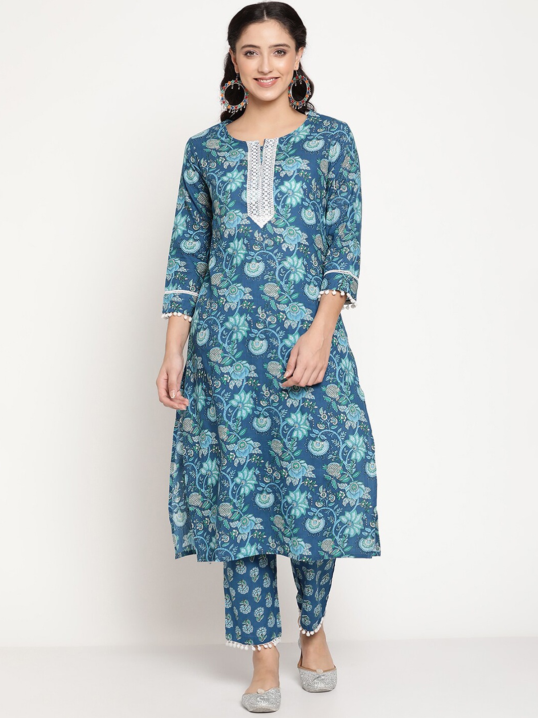 

Be Indi Women Floral Embroidered A-Line Kurta with Trousers Set, Blue