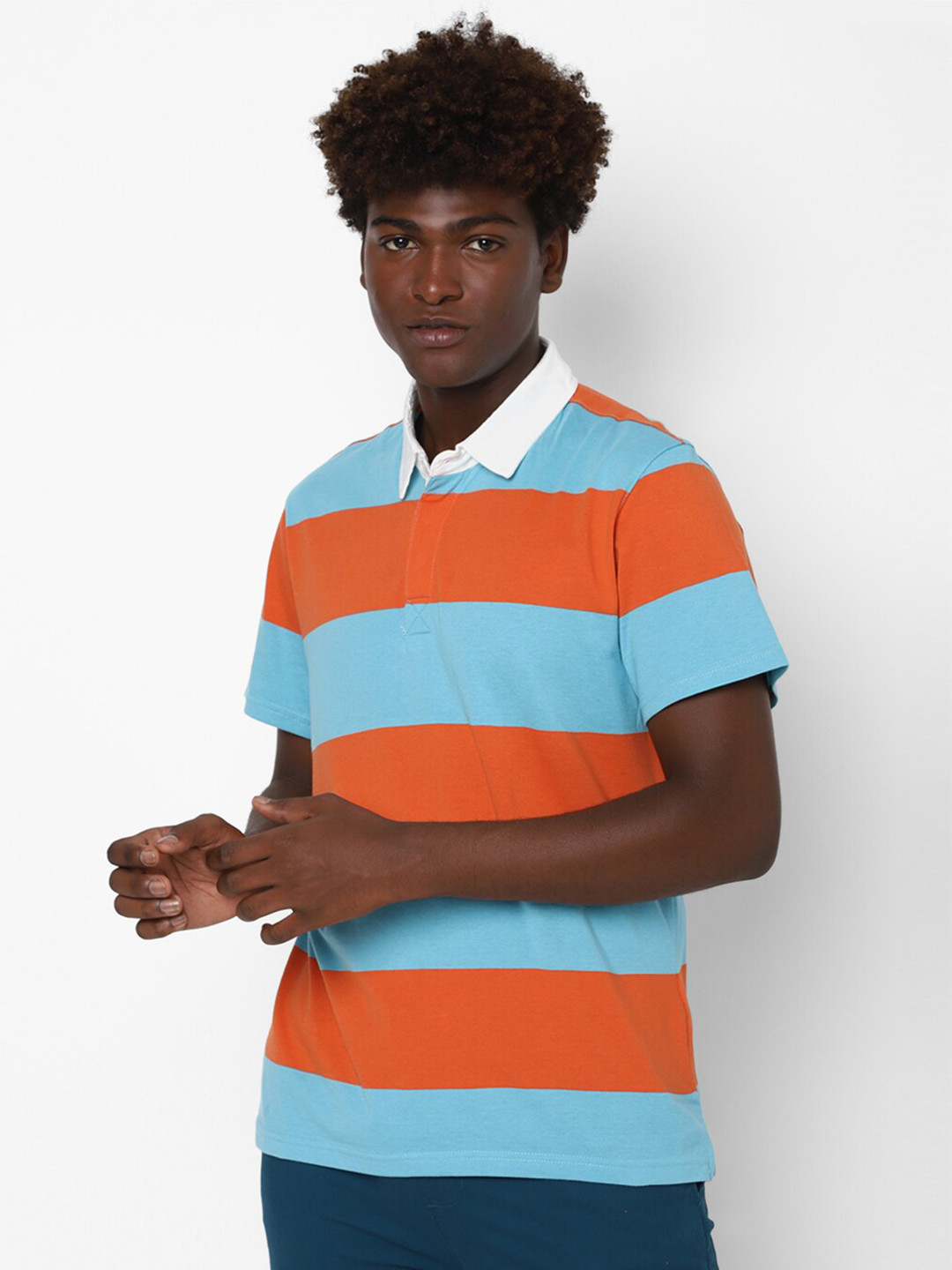 

FOREVER 21 Men Blue & Orange Striped Polo Collar Cotton T-shirt