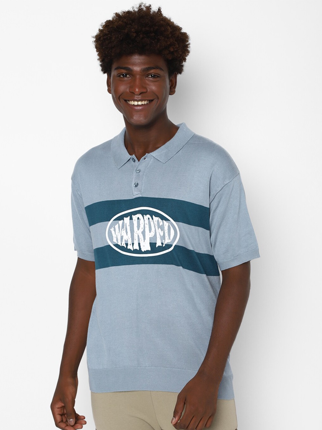 

FOREVER 21 Men Blue Typography Polo Collar Pure Cotton T-shirt