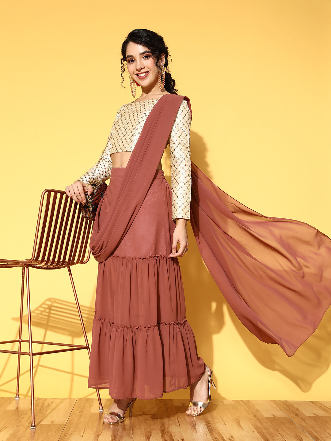 

PANIT Chic Brown Embroidered Ready to Wear Lehenga Choli with Dupatta
