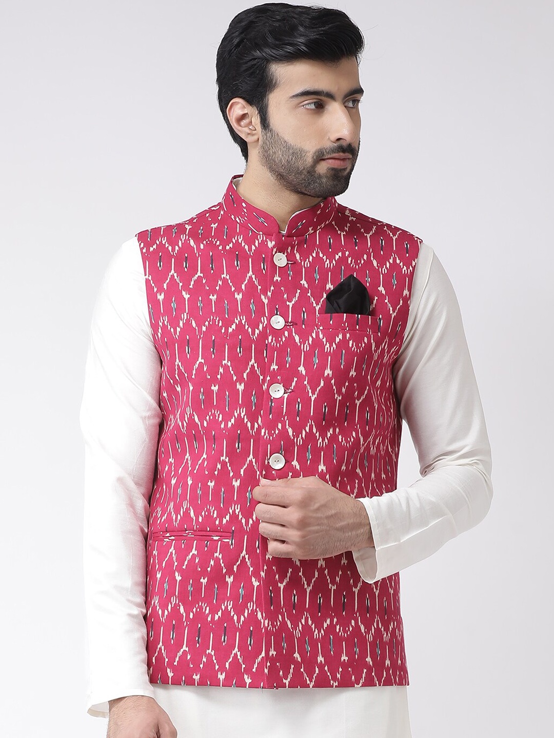 

KISAH Men Printed Zari Regular Fit Nehru Jacket, Magenta