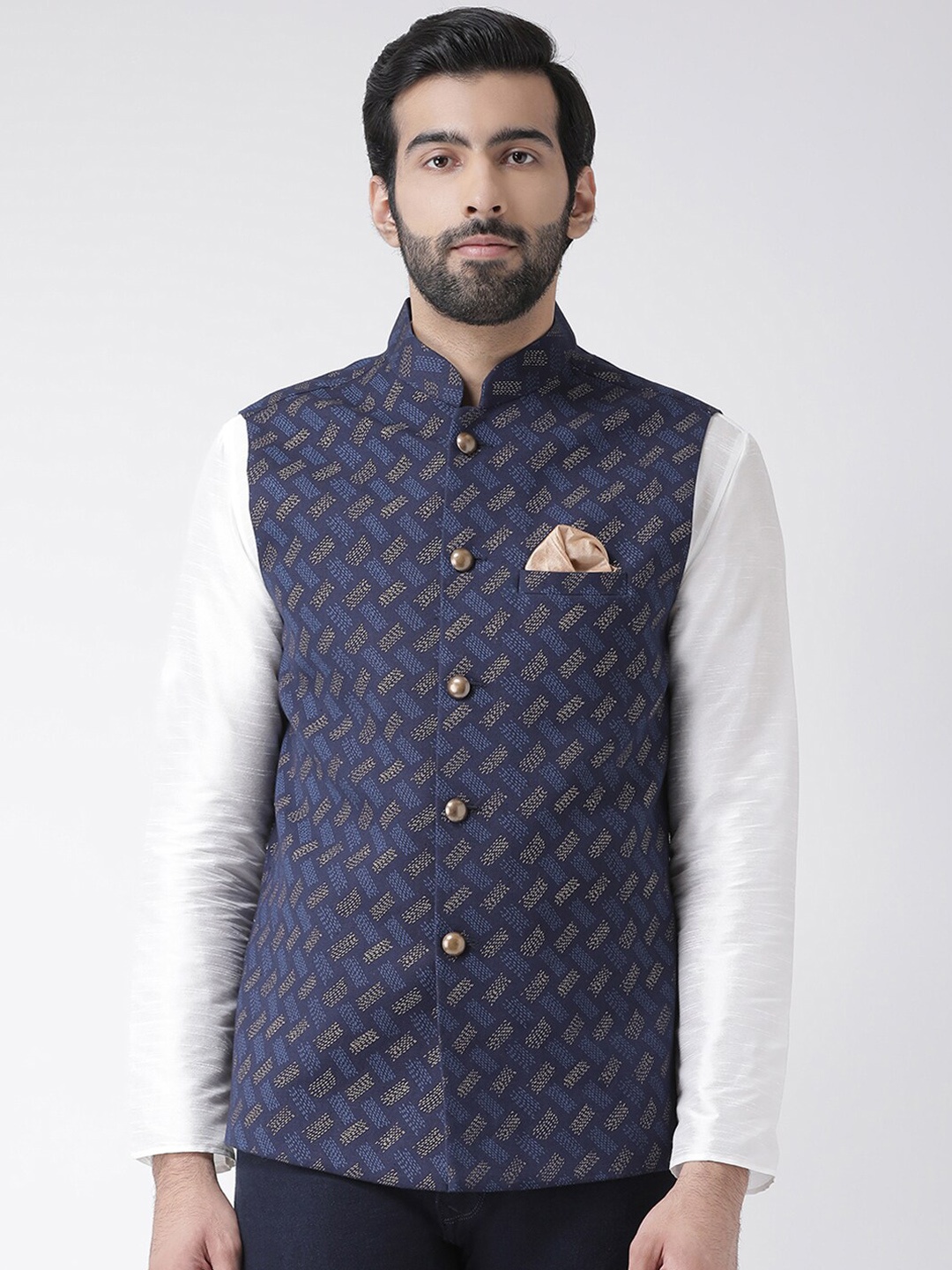 

KISAH Men Navy Blue Printed Nehru Jackets