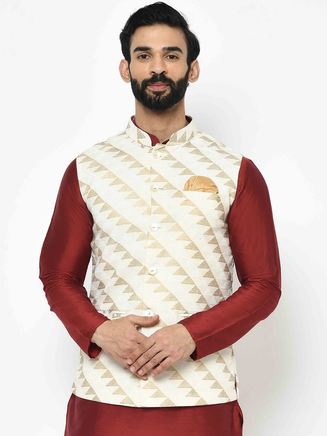 

KISAH Men Off White Printed Nehru Jackets