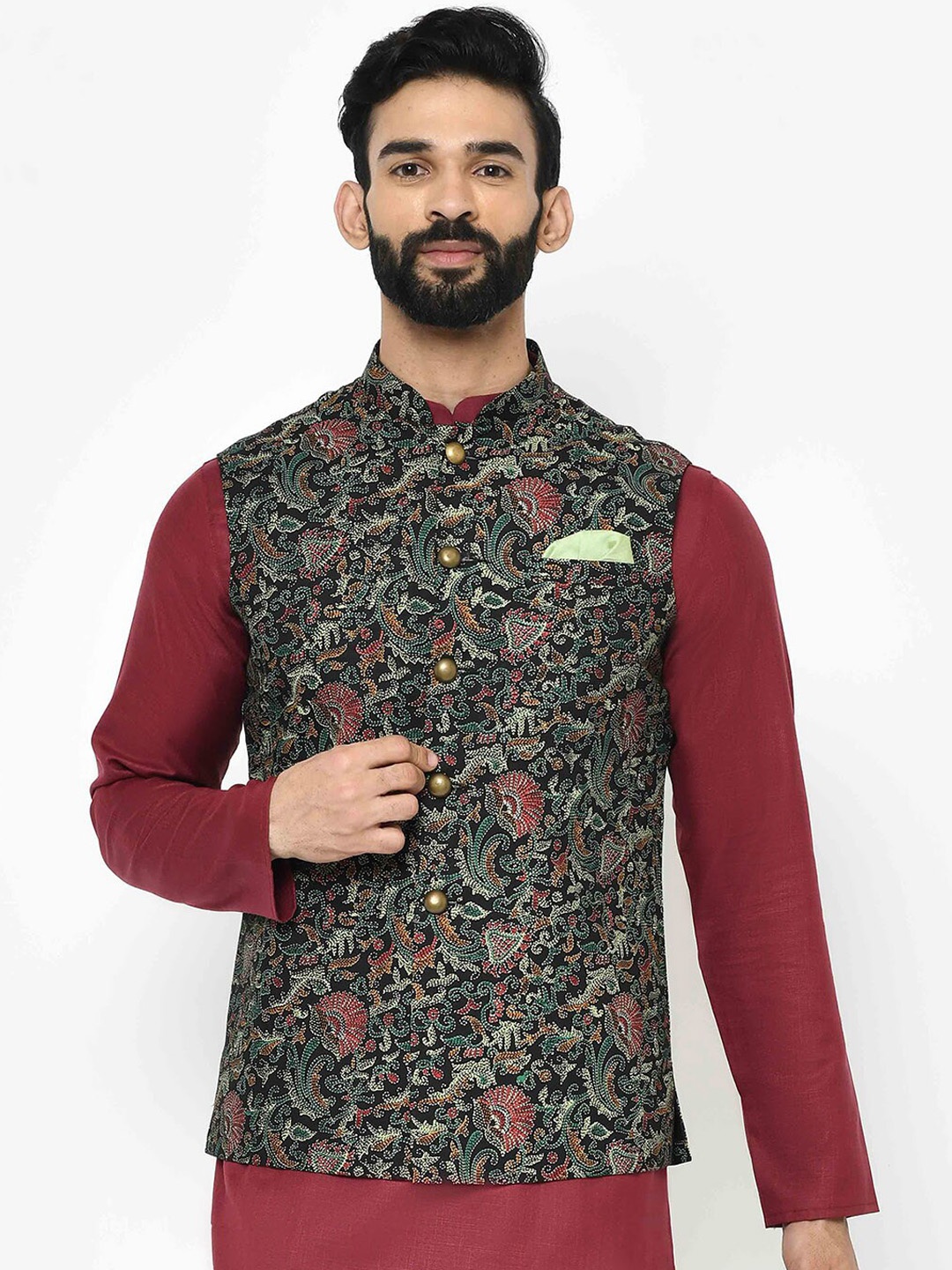 

KISAH Men Kantha Printed Regular Fit Nehru Jacket, Black