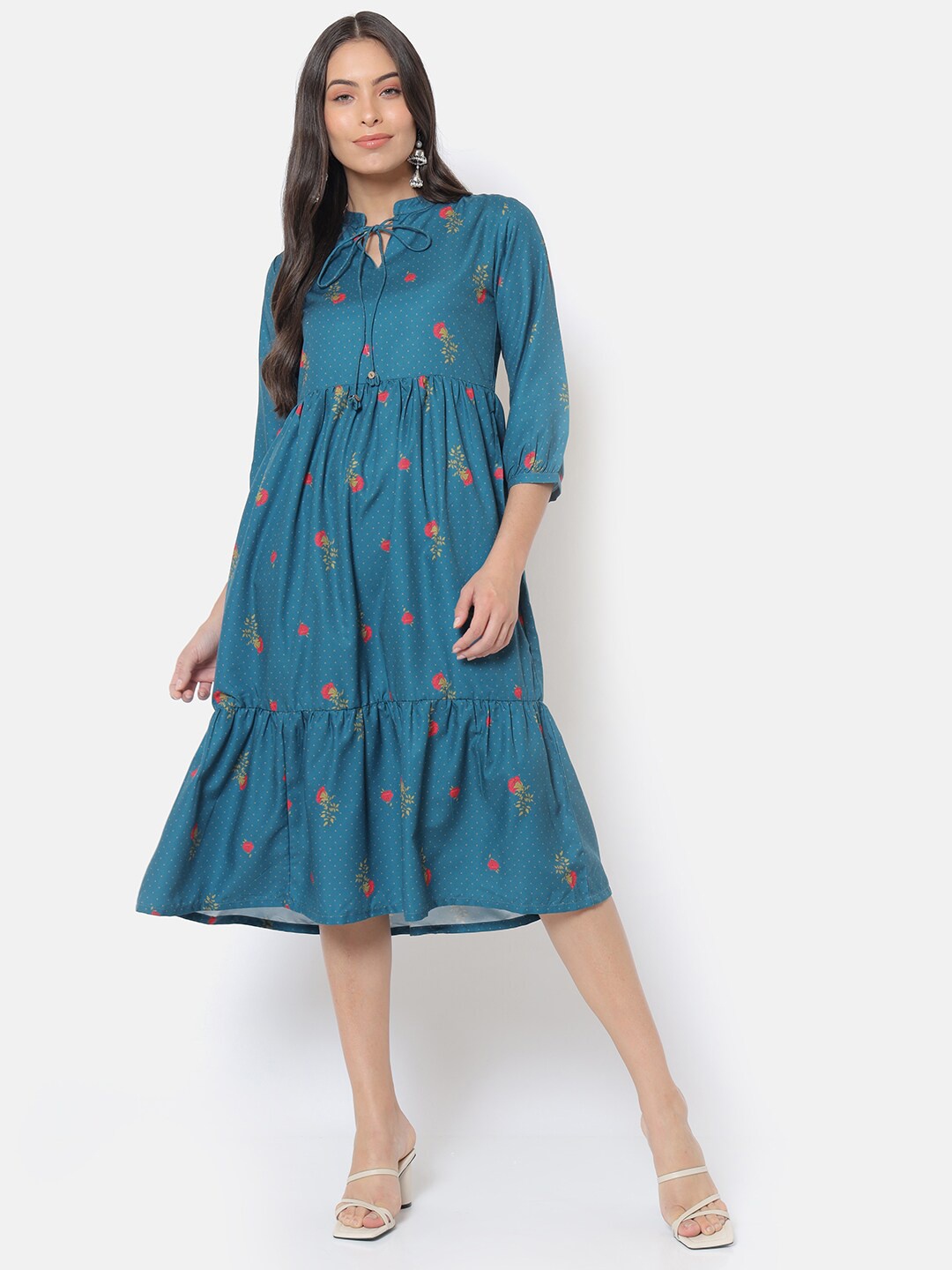 

Saaki Women Teal & Red Floral Tie-Up Neck A-Line Midi Dress