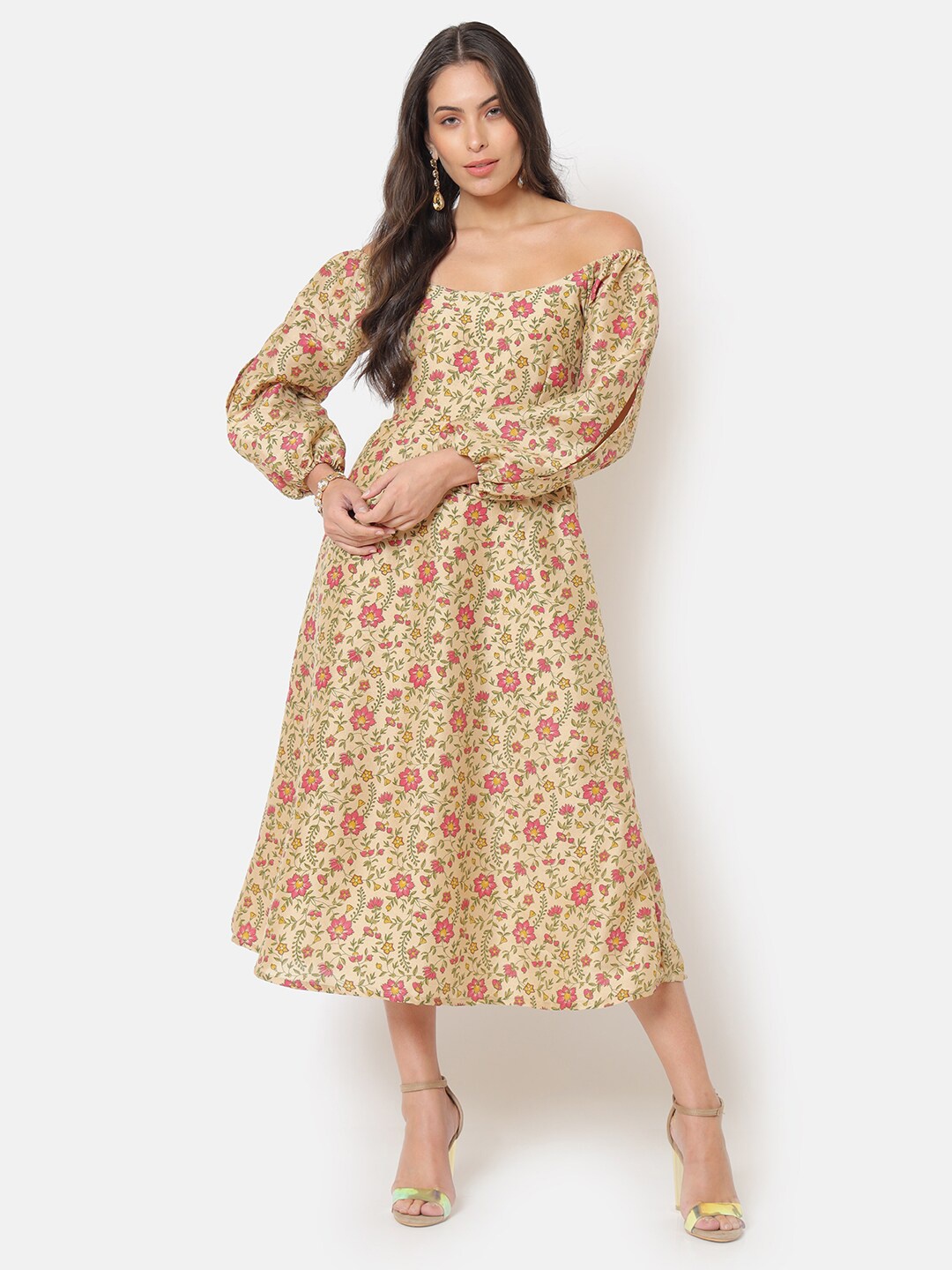 

Saaki Beige Floral Off-Shoulder Midi Dress