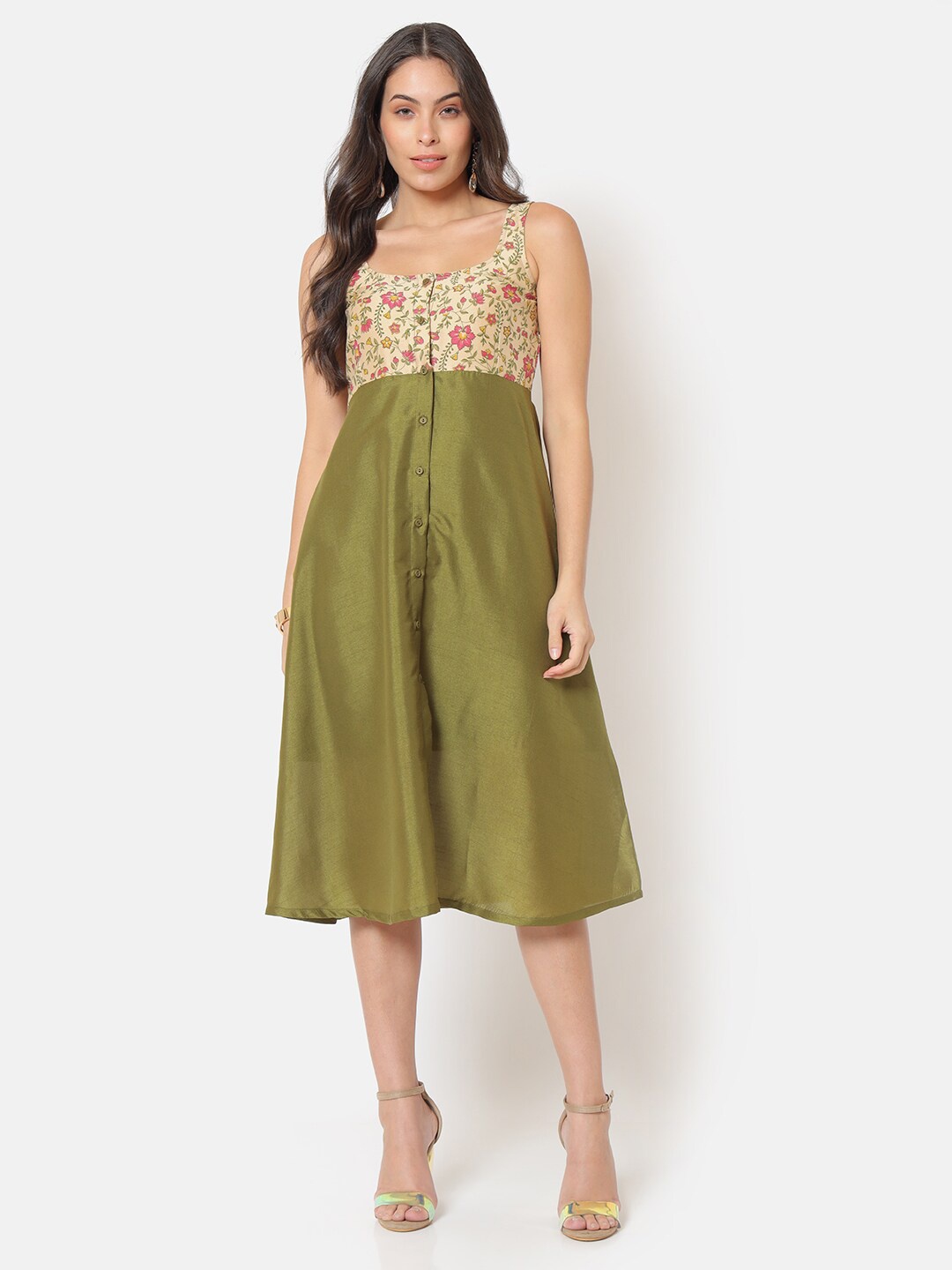 

Saaki Olive Green & Beige Floral A-Line Midi Dress
