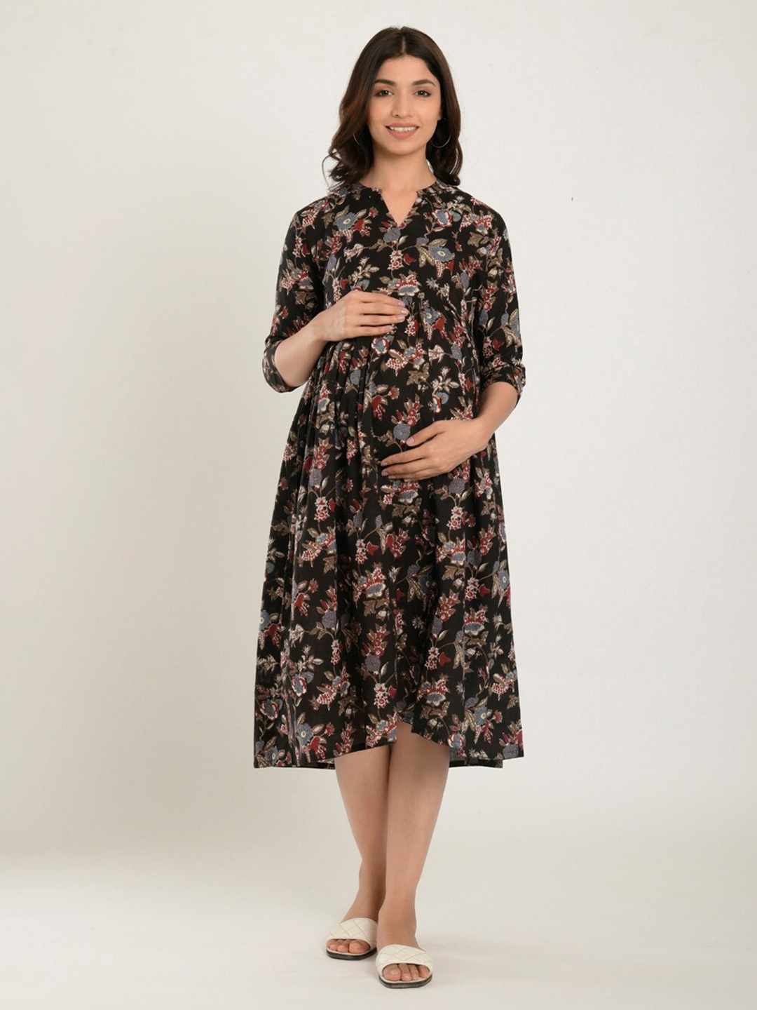 

CRAFIQA Black Floral Maternity & Nursing Cotton A-Line Midi Dress