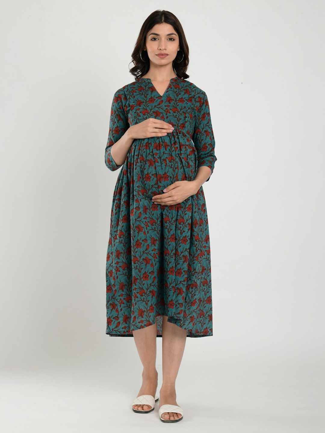 

CRAFIQA Blue Floral Maternity & Nursing Cotton Midi Dress
