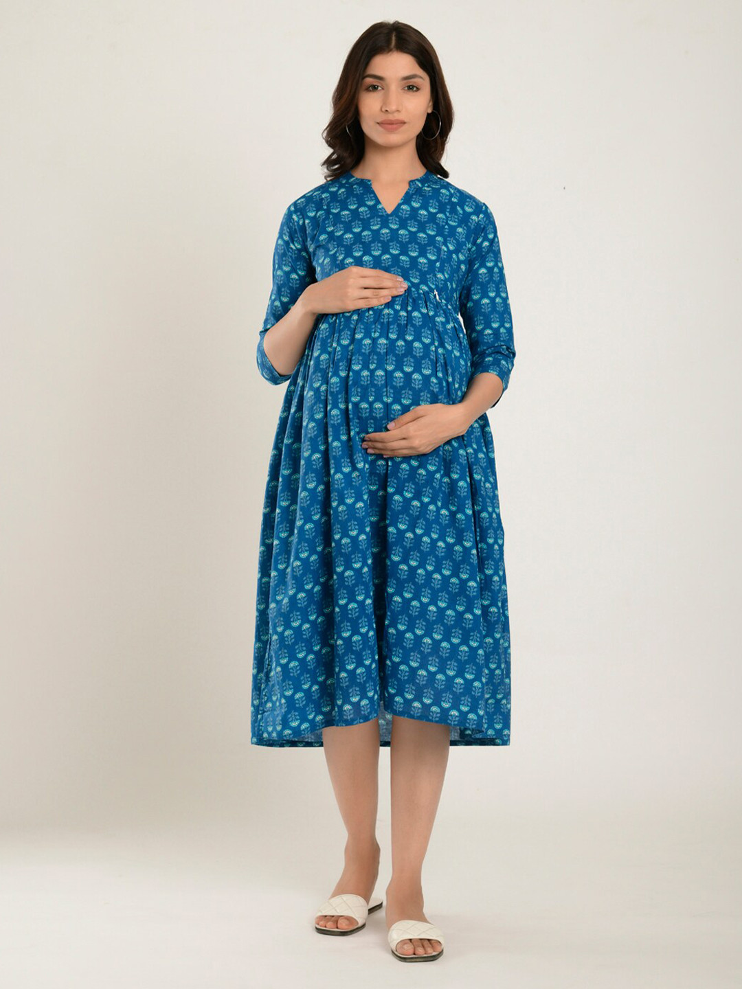 

CRAFIQA Blue Floral Maternity & Nursing Cotton A-Line Midi Dress