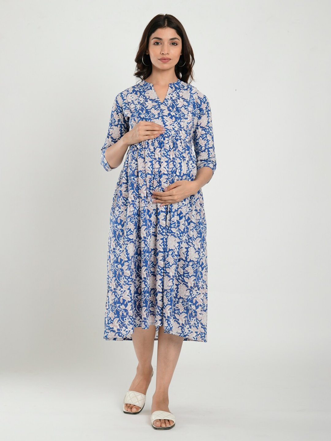 

CRAFIQA Women Blue Floral Print Maternity & Nursing Cotton Midi Dress