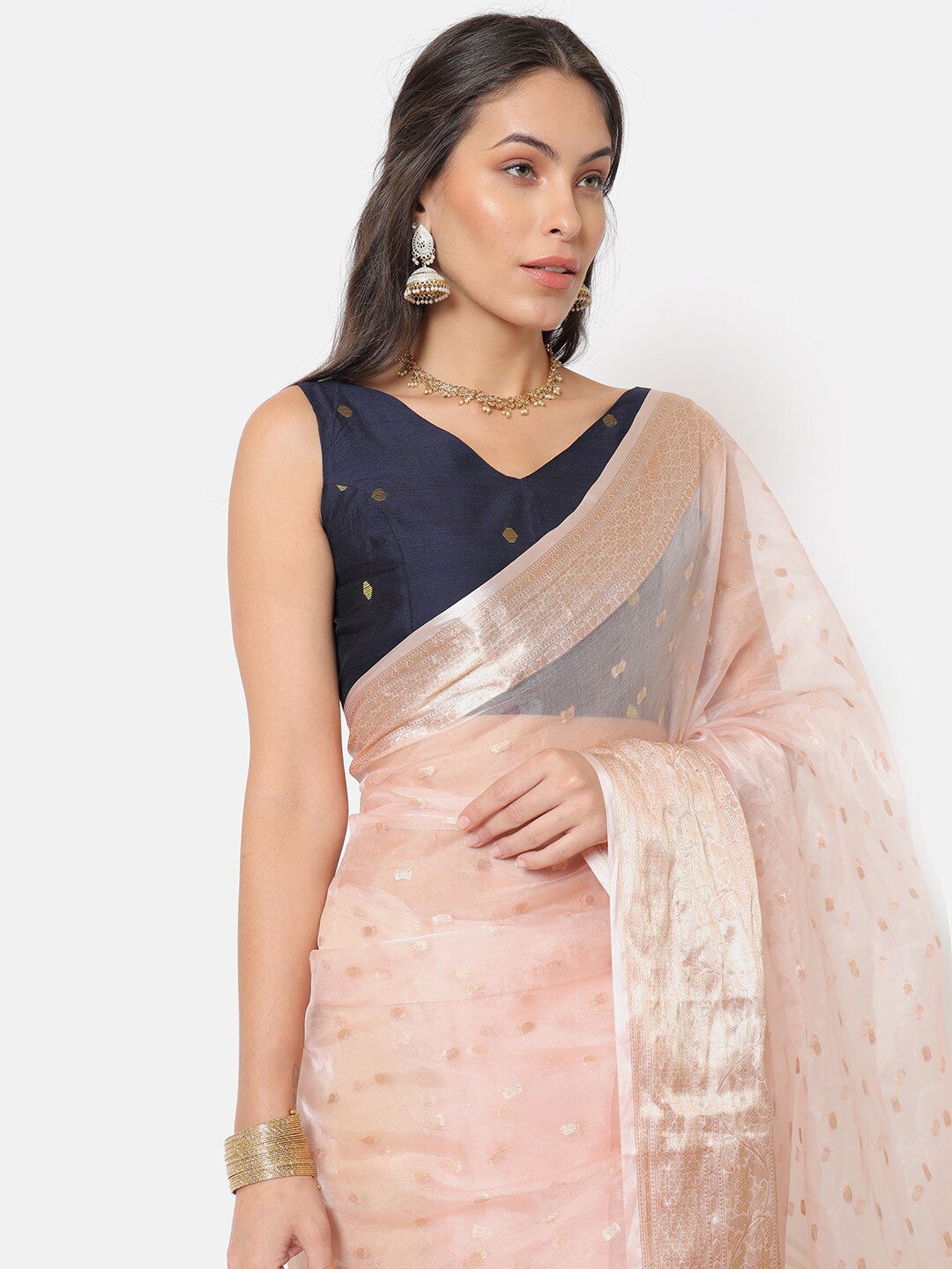 

Saaki Women Navy Blue & Gold-Coloured Woven Design Saree Blouse