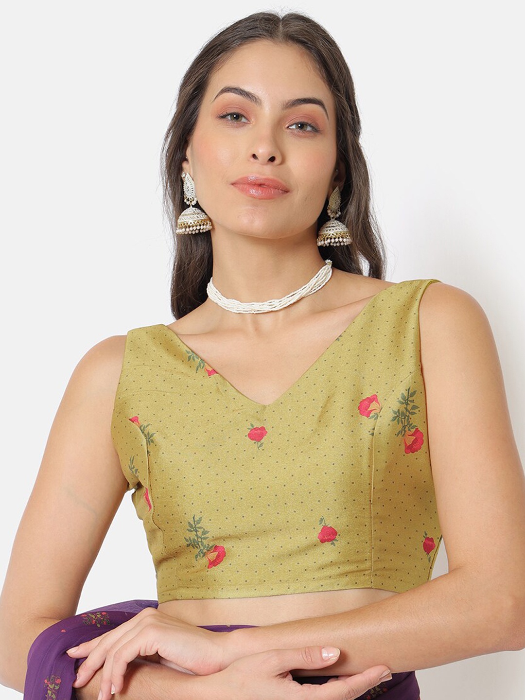 

Saaki Women Mustard Printed Sleeveless Saree Blouse