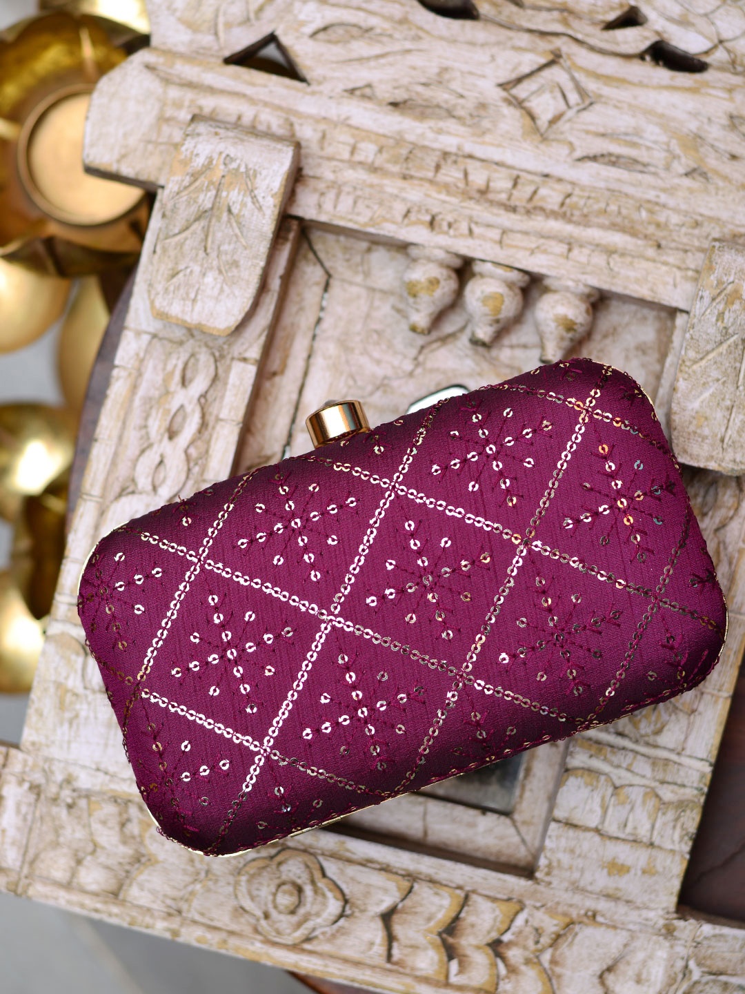 

ARTKLIM Burgundy Embroidered Box Clutch