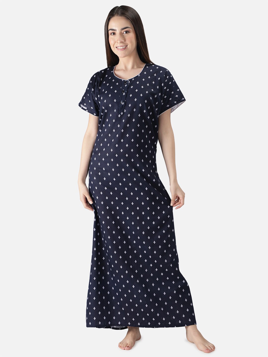 

LacyLook Navy Blue Printed Pure Cotton Maxi Nightdress