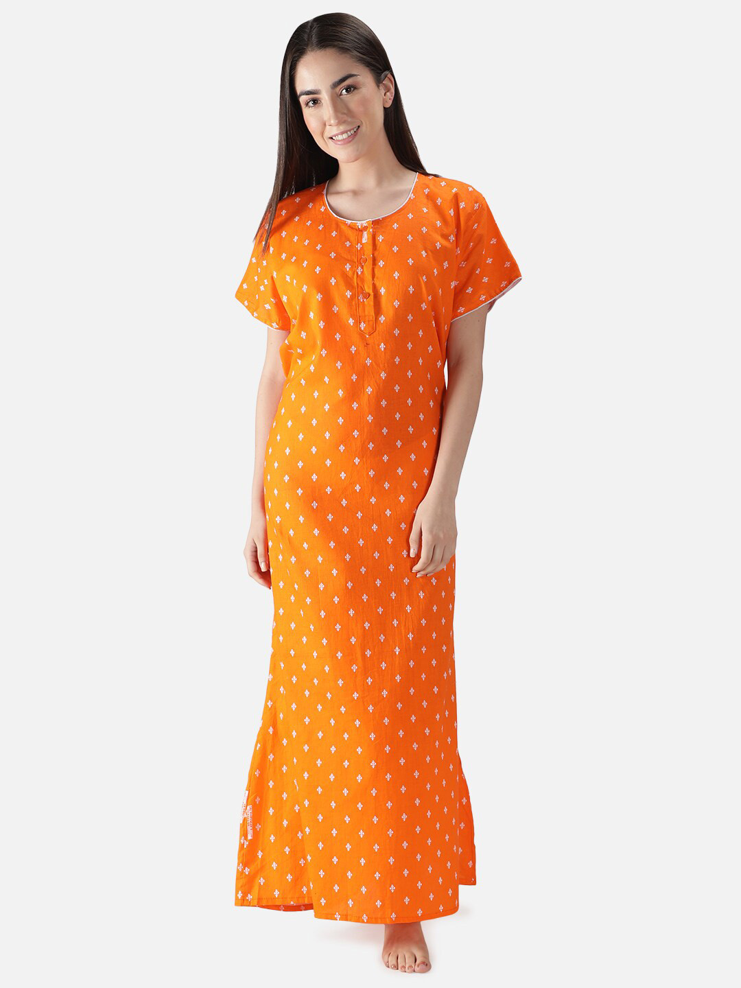 

LacyLook Women Orange Printed Cotton Maxi Nightdress