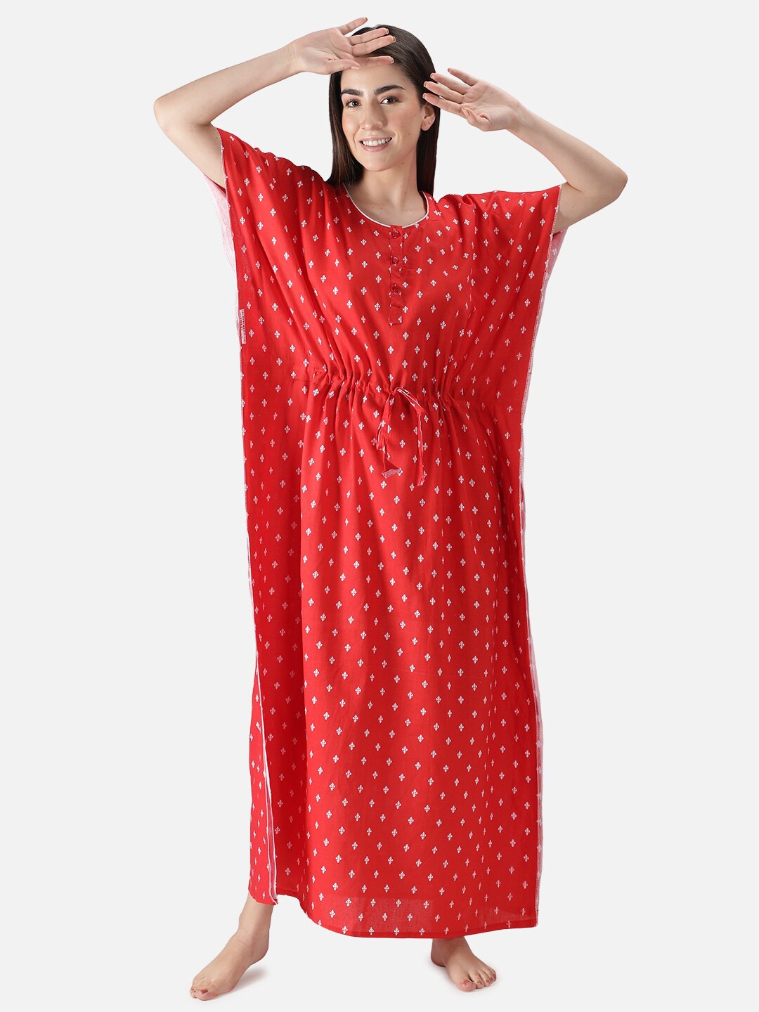 

LacyLook Women Red Printed Cotton Kaftan Nightdress