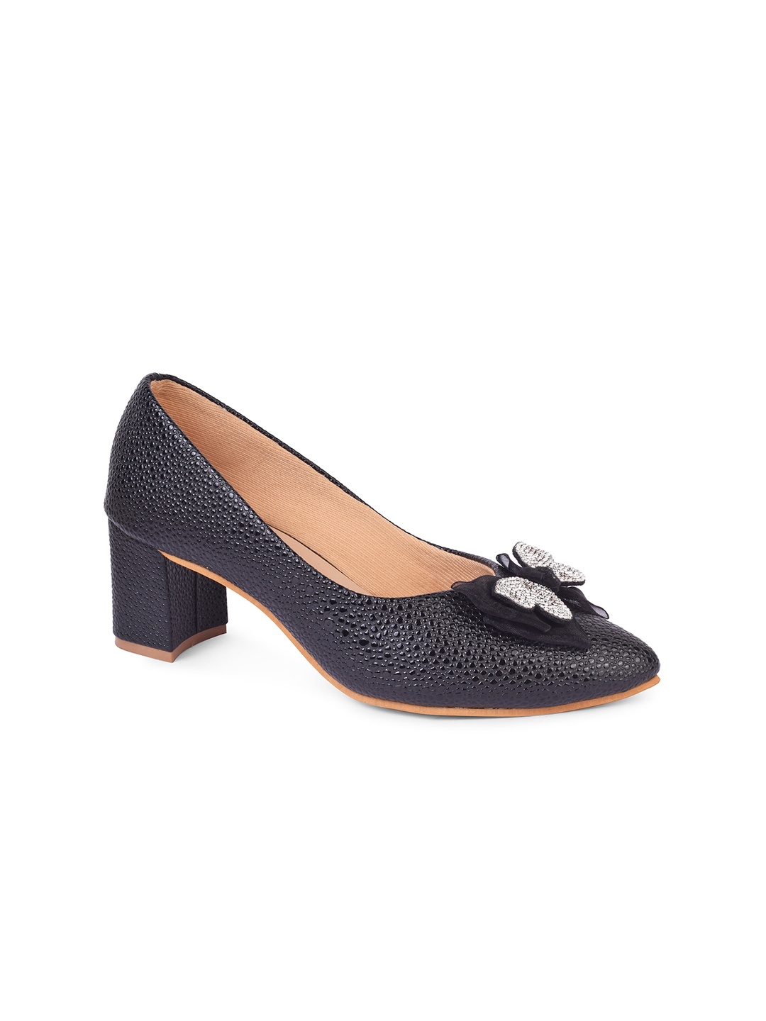 

XE Looks Women Black Textured Block Pumps with Bows