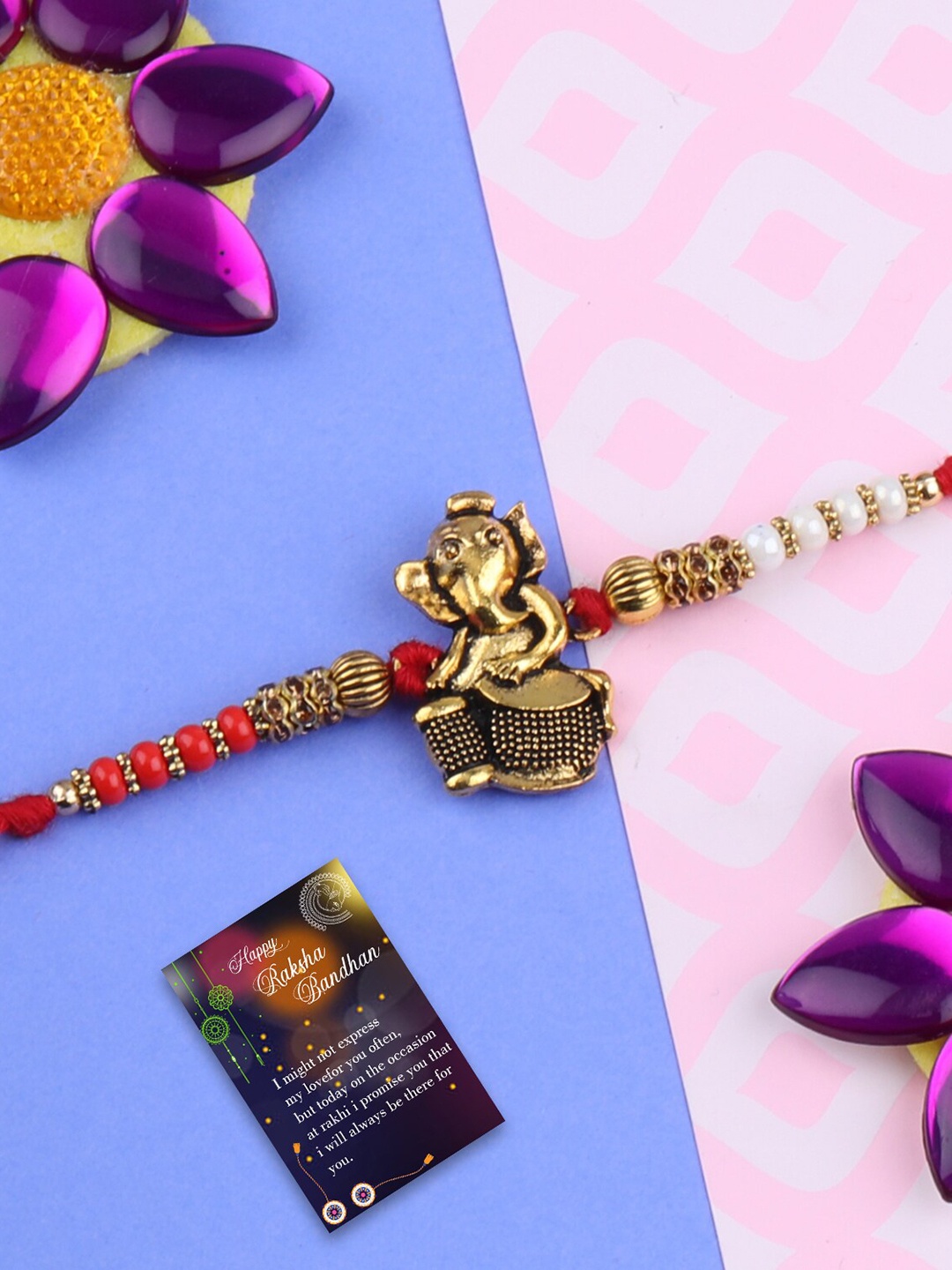 

Silver Shine Red & Golden Rakhi With Roli Chawal Greeting Card Kankawati Pooja Thali