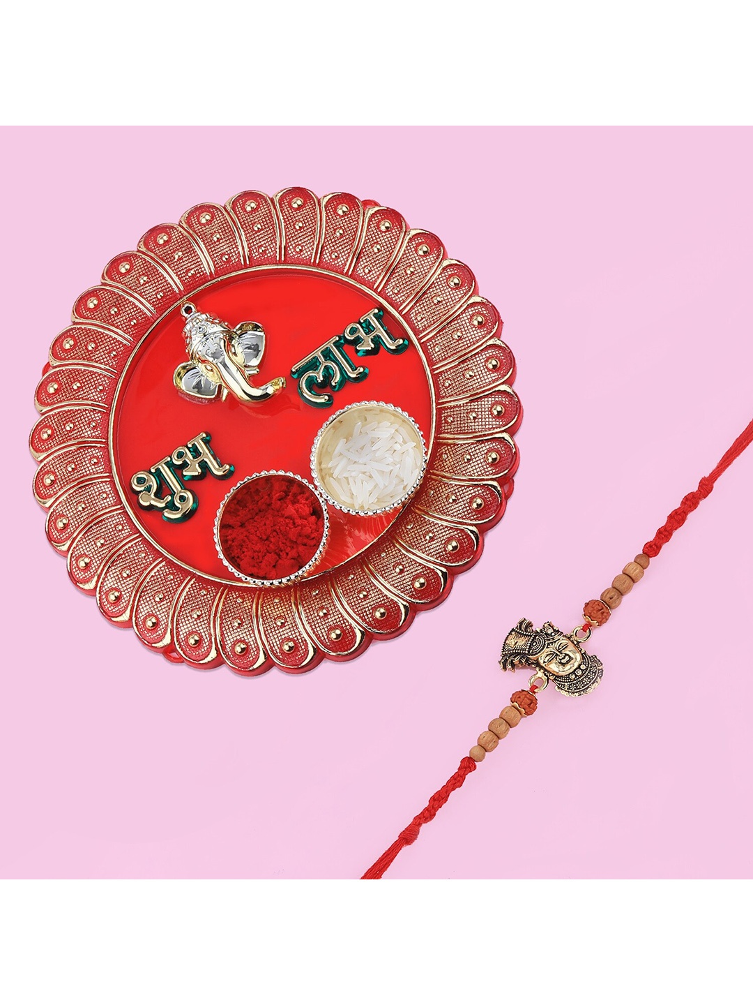 

Silver Shine Red & Gold-Toned Rakhi With Roli Chawal And 1 Greeting Card, Multi