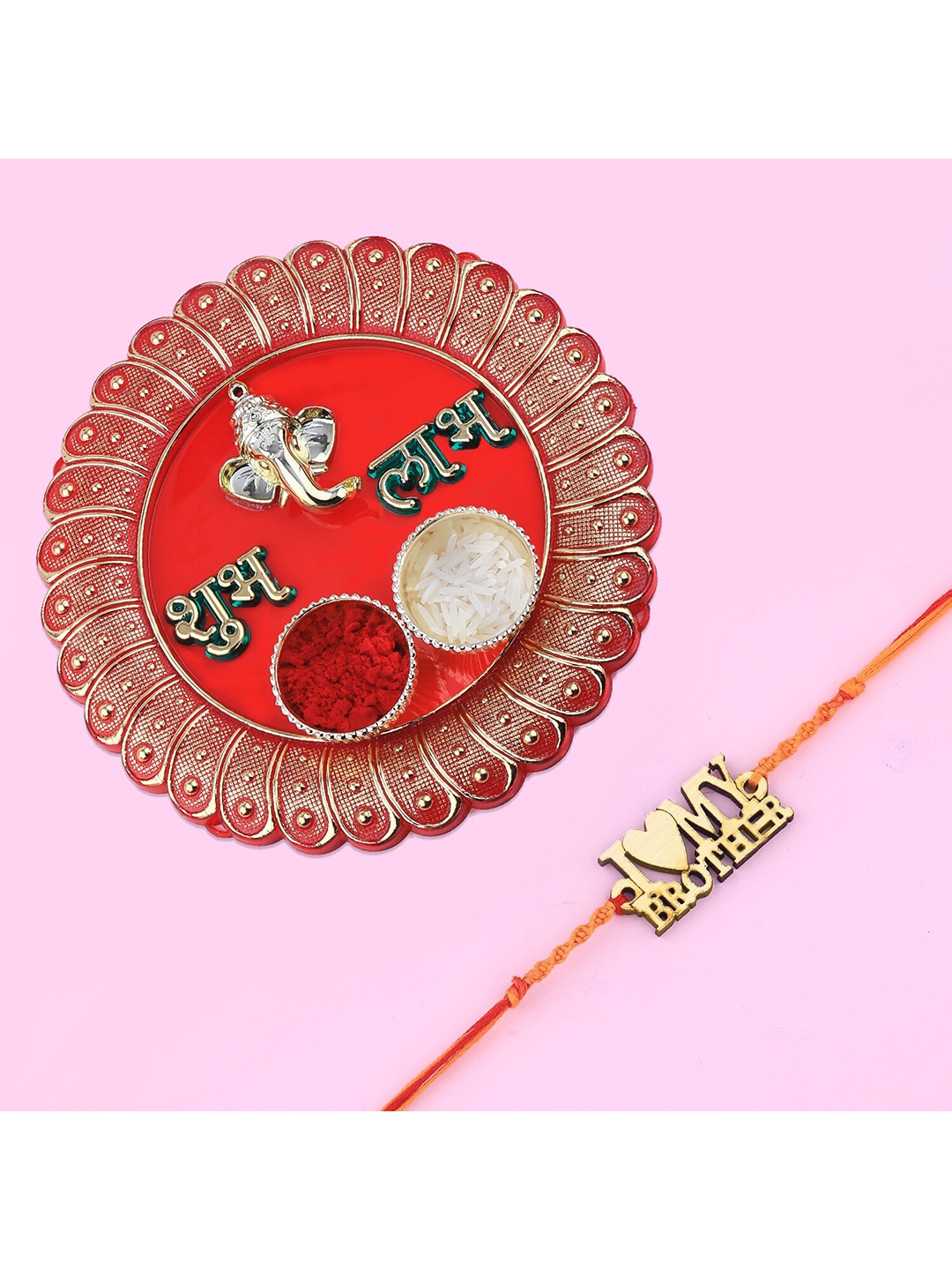 

Silver Shine Red 1 Rakhi 1 Bhaiya Rakhi With Pooja Thali Roli Chawal and Greeting Card, Multi