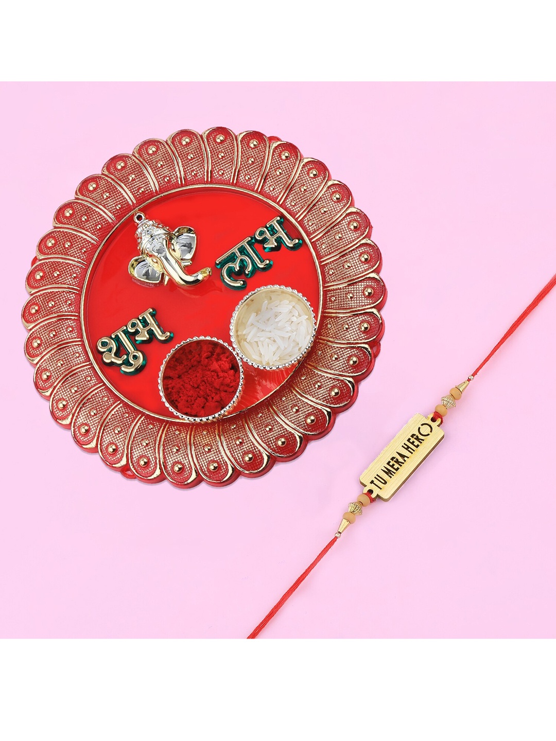 

Silver Shine 1 Rakhi 1 Bhaiya Rakhi With Pooja Thali Roli Chawal Greeting Card, Gold