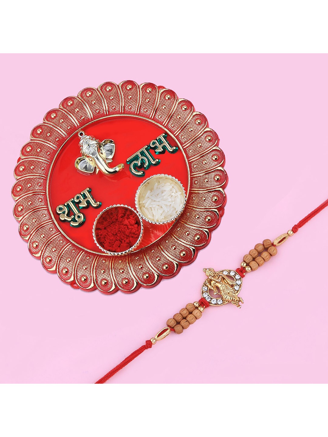 

Silver Shine Red 1 Rakhi & 1 Bhaiya Rakhi With Pooja Thali Roli Chawal Greeting Card