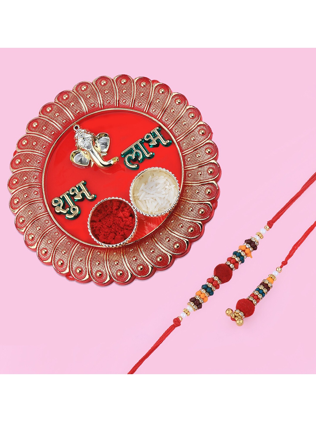 

Silver Shine 1 Bhaiya Rakhi With Pooja Thali Roli Chawal Greeting Card, Red