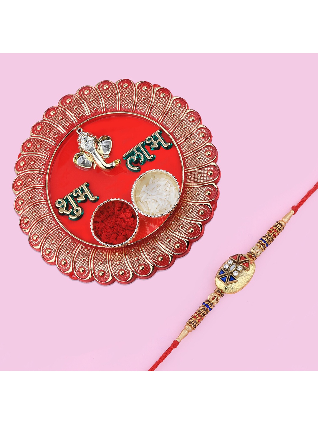 

Silver Shine 1 Bhaiya Rakhi with Pooja Thali Roli Chawal Greeting Card, Multi