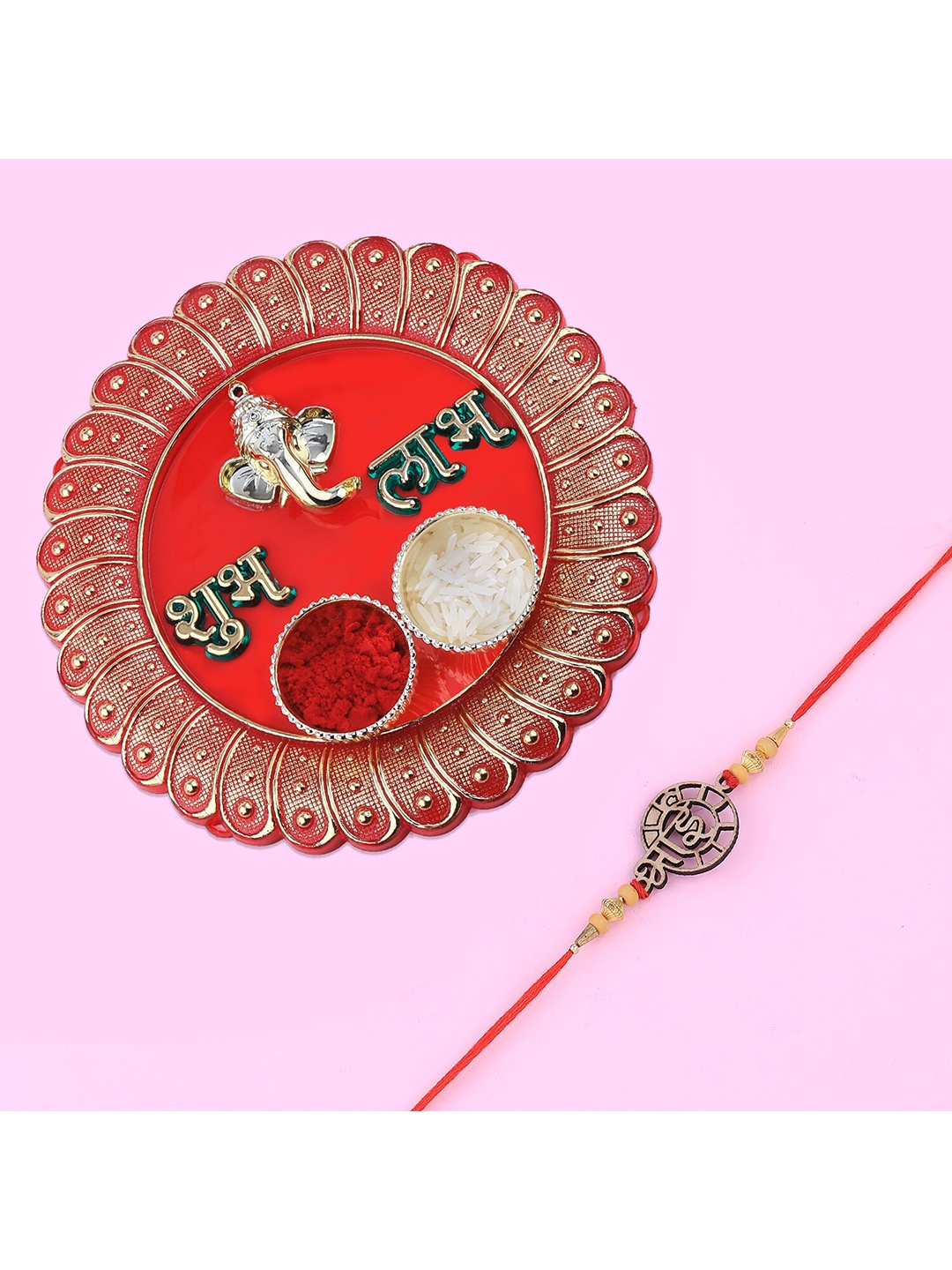 

Silver Shine Beaded Rakhi With Pooja Thali Roli Chawal & Greeting Card, Gold