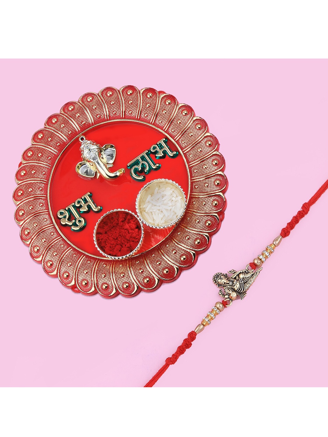 

Silver Shine Red & Gold Toned Beaded Thread Rakhi