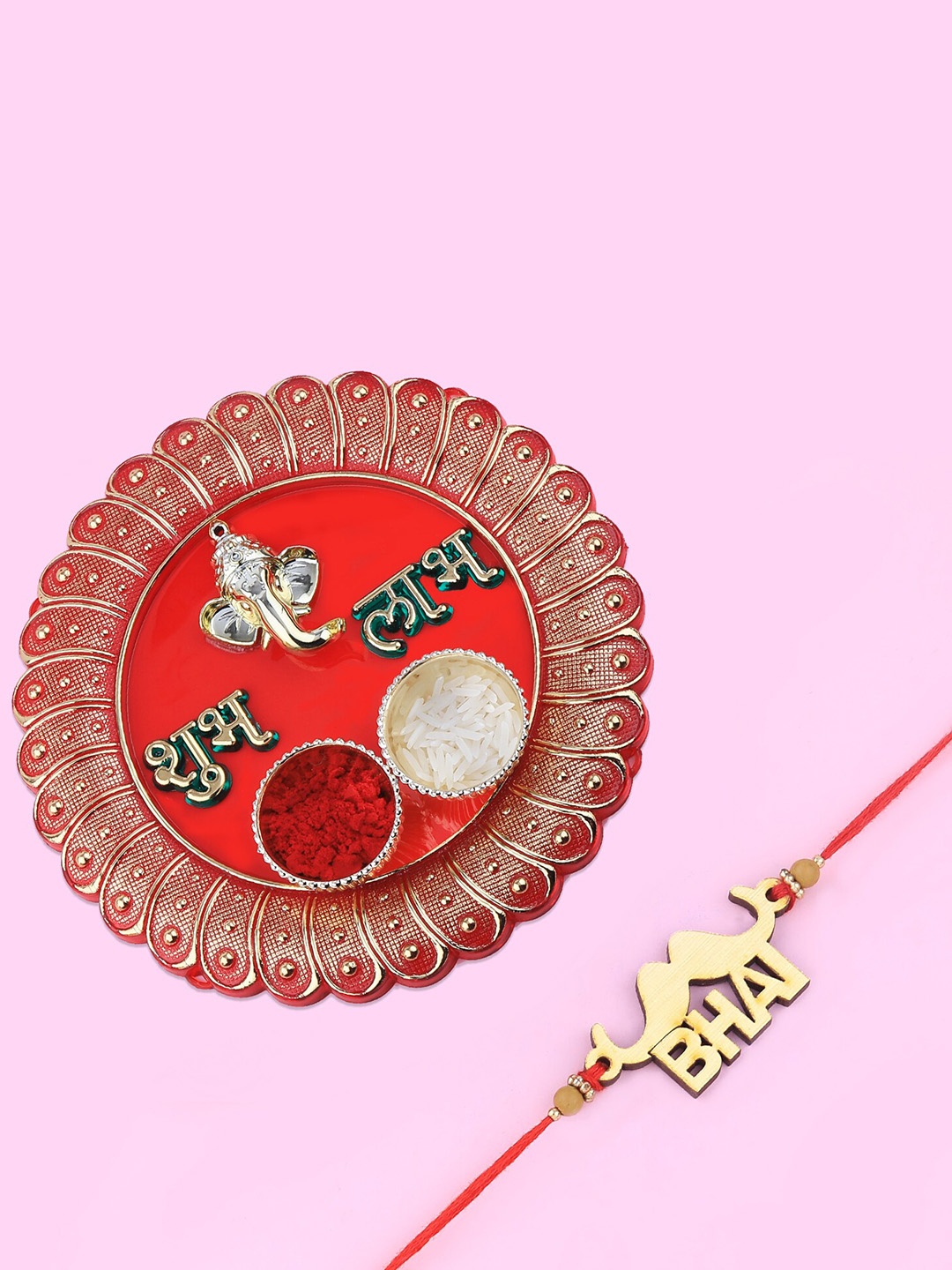 

Silver Shine Red 1 Rakhi 1 Bhaiya Rakhi With Pooja Thali Roli Chawal and Greeting Card