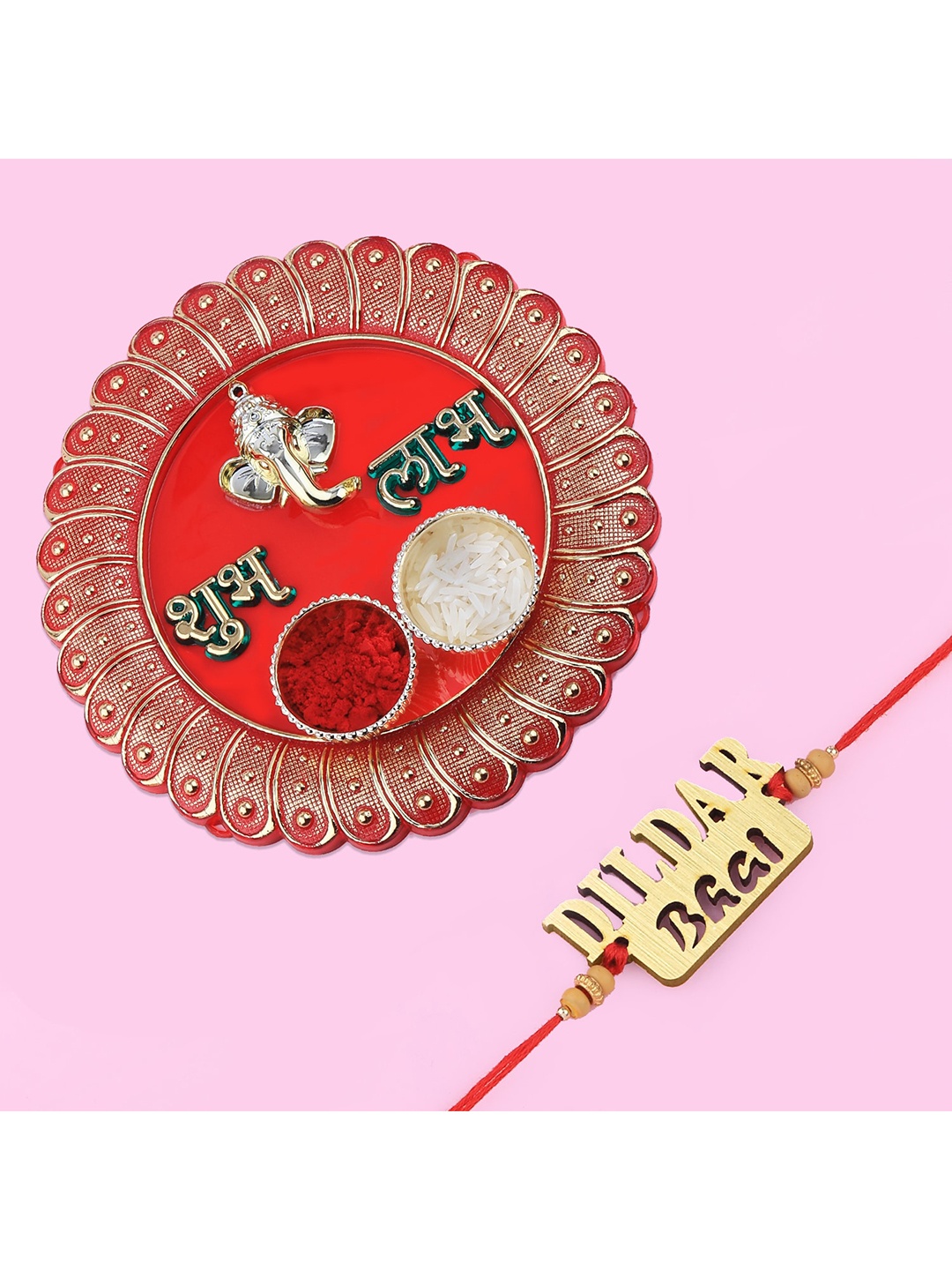

Silver Shine Unisex Rakhi With Pooja Thali Roli Chawal & Greeting Card, Gold